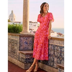 Talbots NWT Flutter Sleeve Crepe Dress 12 Petite Tangerine Geranium Print Midi